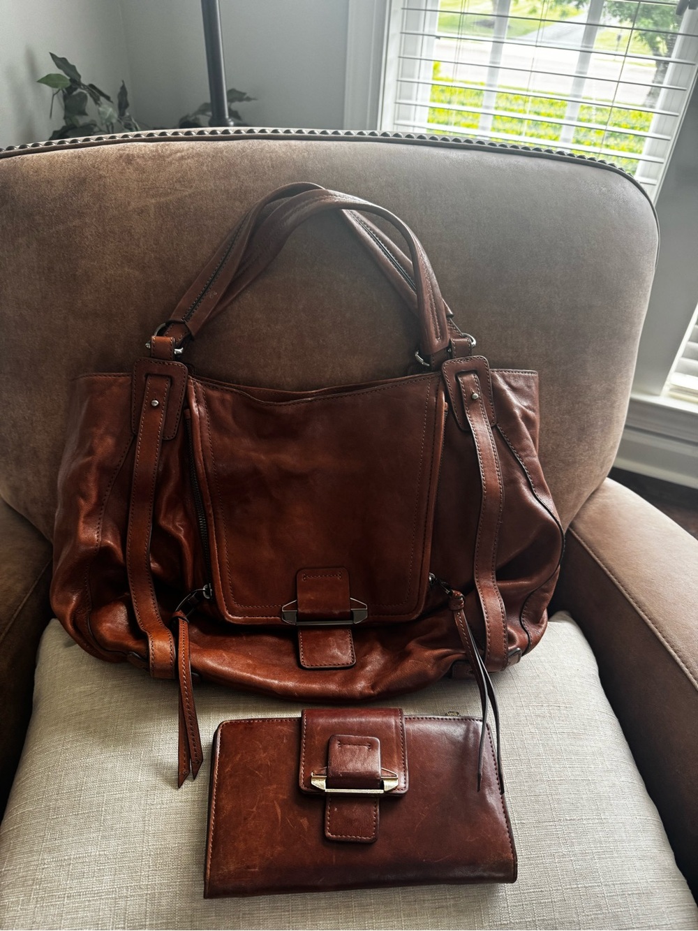 Kooba Jonnie Cognac Brown Leather Satchel Bag and Matching Wallet Set